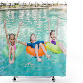 Personality  Joyful Girls With Hands In Air And Boy With Closed Eyes Floating In Pool On Swim Rings Shower Curtains