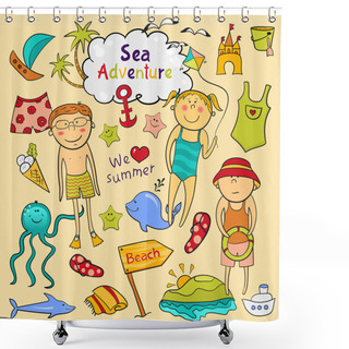 Personality  Beach  Set  In Doodle Style Shower Curtains