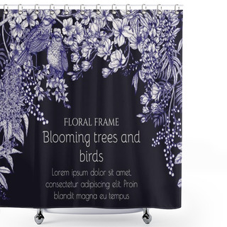 Personality   Vector Spring Illustration In Engraving Style. Two Nightingales On A Forsythia Branch And Flowering Trees. Magnolia, Mimosa, Cherry Blossom, Lilac, Wisteria Shower Curtains