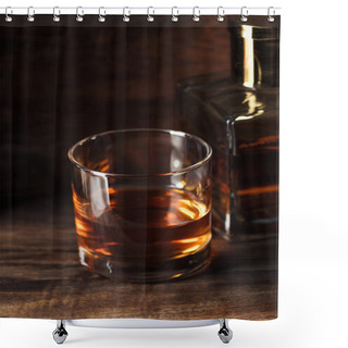 Personality  Close-up View Of Glass Of Bourbon And Bottle On Wooden Table    Shower Curtains