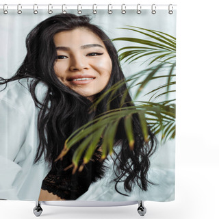 Personality  Selective Focus Of Happy Asian Woman Looking At Camera Near Plant  Shower Curtains