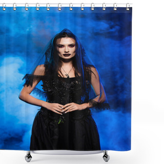 Personality  Bride In Black Dress And Veil On Blue With Smoke, Halloween Concept Shower Curtains