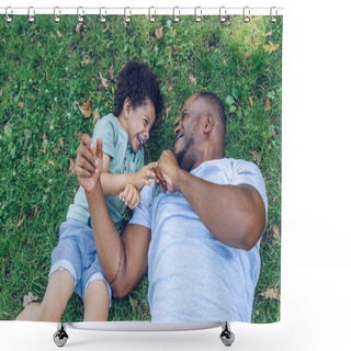 Personality  Happy African American Father And Son Having Fun While Lying On Lawn In Park Shower Curtains