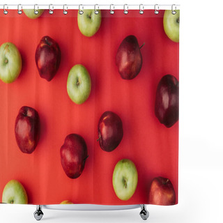 Personality  Top View Of Delicious Large Multicolored Apples On Red Background Shower Curtains