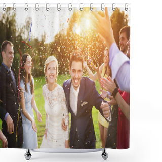 Personality  Newlywed Couple And Their Friends Shower Curtains