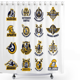 Personality  Set Of Logos On The Sword And Warrior. Viking, A Knight, A Spartan Soldier, Killer, Paladin, A Dagger. Castle, Tower, Fortress, Flag. The Heart, The Eagle, The Muscles, Wings, Wreath. Shower Curtains