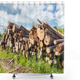 Personality  Stack Of Cut Timber Logs In Summer Sunny Day Shower Curtains