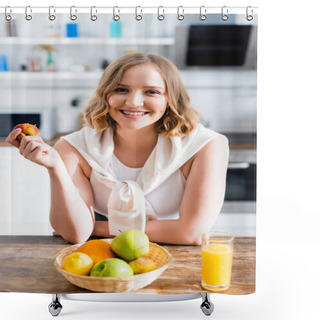 Personality  Woman Holding Fresh Peach While Looking At Camera In Kitchen  Shower Curtains