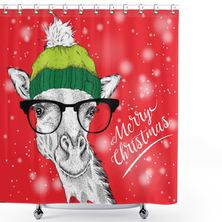 Personality  Christmas Card With Giraffe In Winter Hat. Merry Christmas Lettering Design. Vector Illustration Shower Curtains