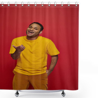 Personality  Cheerful Indian Man In Bright Casual Clothes Mocking And Pointing With Finger On Red Background Shower Curtains