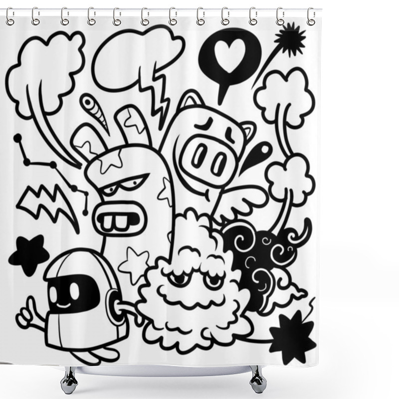 Personality  Black And White Vector Illustration Featuring A Variety Of Friendly Cartoon Monsters With Expressive Faces And Fun Shapes Shower Curtains