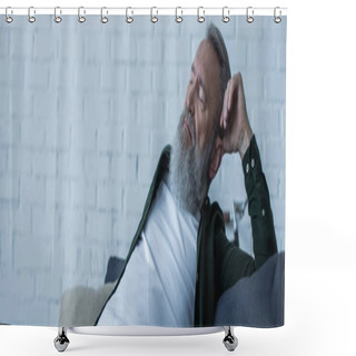 Personality  Upset Senior Man With Beard Suffering Crisis While Sitting On Couch In Living Room, Banner  Shower Curtains