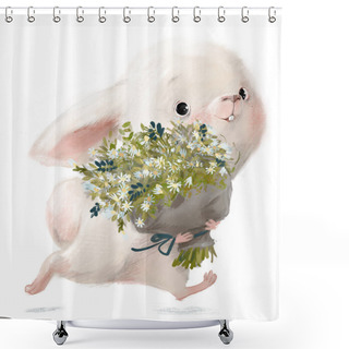 Personality  Cute White Hare Character With Floral Bouquet Shower Curtains