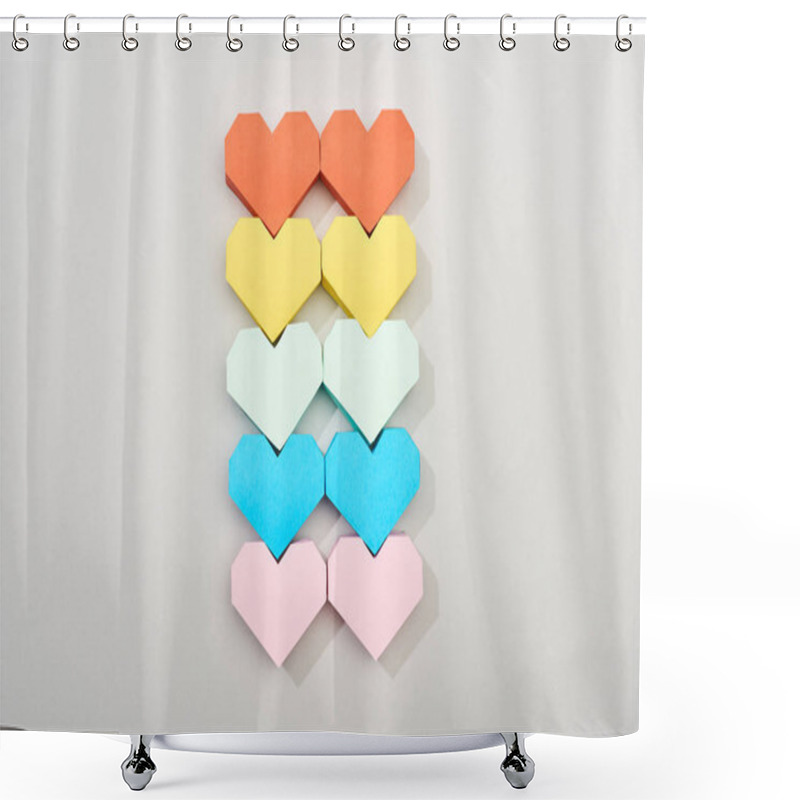 Personality  Top view of colorful heart shaped papers on grey background shower curtains