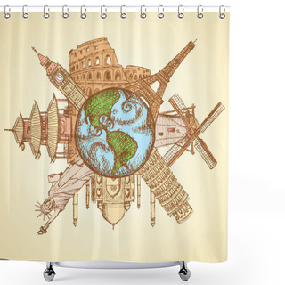Personality  Sketch Famous Buildings Around Planet Earth Shower Curtains