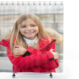 Personality  Kid Smiling Girl Wear Coat Jacket With Fur On Hood But Feels Cold. Cold Weather Concept. She Is Freezing. Baby Hug Herself Because Of Cold Weather. Kid Try To Warm Up Outdoor. Fall Winter Cold Season Shower Curtains