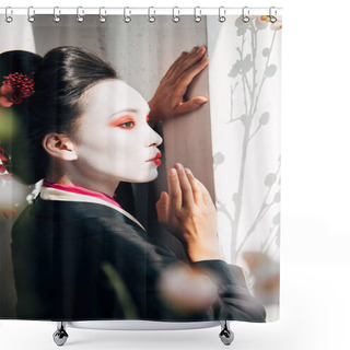 Personality  Selective Focus Of Sakura Branches And Beautiful Geisha Near Wall In Sunlight Shower Curtains