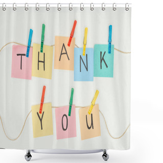 Personality  Colorful Sticky Notes Spelling Thank You On Lace With Clothespins Isolated On White Background Shower Curtains