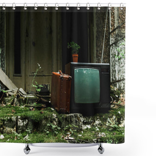 Personality  Retro Tv Near Vintage Suitcase On Green Stairs With Mold  Shower Curtains