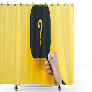 Personality  Panoramic Shot Of Woman Holding Black Speech Bubble With Question Mark On Orange  Shower Curtains