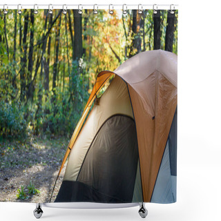 Personality  Early Morning Light Shining On Tent On Campsite In Forest In Autumn Shower Curtains