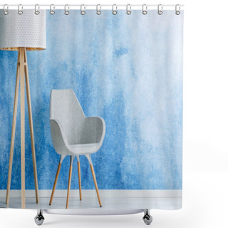 Personality  Living Room Interior With Gray Armchair And Standing Lamp Against Blue And White Ombre Wall With Empty Space. Real Photo. Shower Curtains