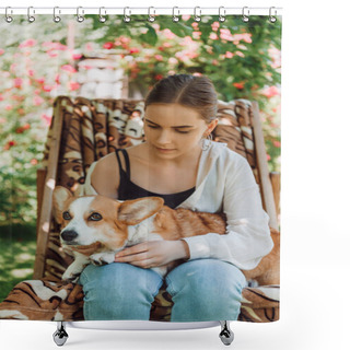 Personality  Blonde Girl Holding Corgi Dog While Sitting In Deck Chair In Green Garden Shower Curtains