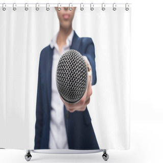 Personality  Journalist Taking Interview With Microphone Shower Curtains