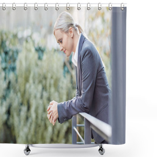 Personality  Businesswoman Leaning Against Railing Of Balcony Shower Curtains