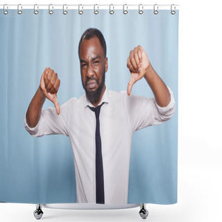 Personality  Annoyed Black Man Showing Thumbs Down Gesture On Camera, Making Disagreement And Disapproval Sign In Studio. Displeased Individual Posing Over Blue Background With Negative Symbol. Shower Curtains