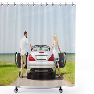 Personality  Happy Man And Woman Near Cabriolet Car At Sea Shower Curtains