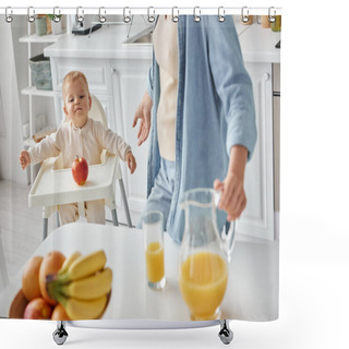 Personality  Cute Kid In Baby Char Looking At Ripe Apple Near Mother With Jug Of Orange Juice, Morning In Kitchen Shower Curtains