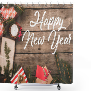 Personality  Top View Of Frame Of Christmas Gifts On Rustic Wooden Table, Happy New Year Inscription Shower Curtains