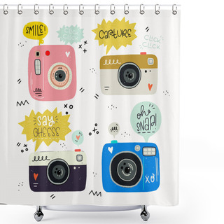 Personality  Hipster Style Vector Illustration Of Hand Drawn Photo Cameras And Photography Words. Cute 80s 90s Nostalgic Set And Inscription. Great Design Elements For Sticker, Blog, Print Or Poster. Shower Curtains