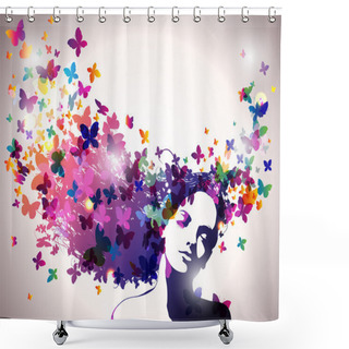 Personality  Portrait Of Woman With Butterflies Flying From Her Hair. Shower Curtains