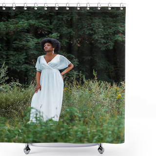 Personality  Selective Focus Of Beautiful African American Girl In White Dress Standing In Field With Wildflowers  Shower Curtains