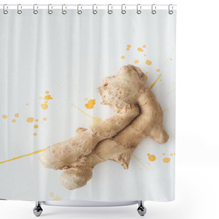Personality  Top View Of Ginger Root On White Surface With Yellow Watercolor Blots Shower Curtains