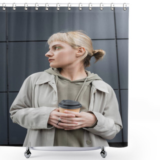 Personality  Stylish Young Woman With Blonde Hair With Bangs Standing In Coat And Hoodie While Holding Paper Cup With Takeaway Coffee Near Grey Modern Building On Street, Outside, Urban Living, Look Away  Shower Curtains