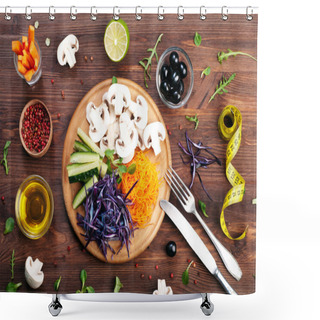 Personality  The Concept Of Dietetic Vegetarian Food. Bright Juicy Shredded Vegetables, Such As Carrots, Purple Cabbage, Mushrooms And Cucumbers, Which Lies On A Circular Wooden Cutting Board. Natural Organic Products, Ready To Eat Shower Curtains