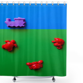 Personality  Top View Of Red Sea Animals And Purple Ship Toys On Blue And Green Background Shower Curtains