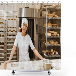 Personality  Female Baker Standing At Workplace On Baking Manufacture Shower Curtains