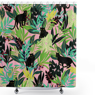 Personality  Vector Seamless Graphical Bold Tropical Pattern With Black Puma Cat. Wild Animals In Lush Foliage With Orchid Flowers. Shower Curtains