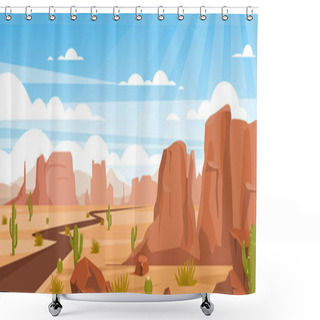 Personality  Sandy Desert Landscape Colorful Flat Vector Illustration. Empty Valley With Rocks, Crags And Green Cactuses. Dry Land With Draughts And Hot Climate. Arizona Beautiful Panoramic View. Shower Curtains