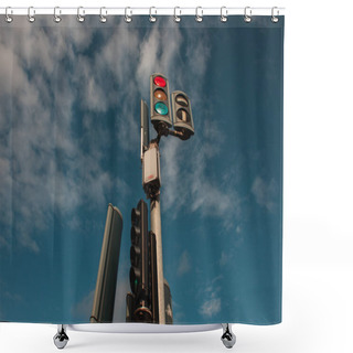 Personality  Low Angle View Of Traffic Lights With Cloudy Sky At Background  Shower Curtains