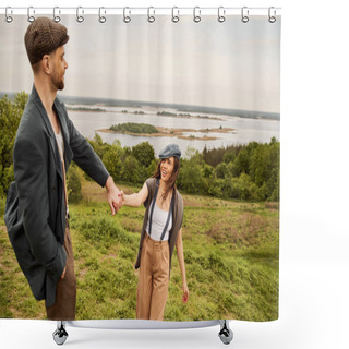 Personality  Cheerful Brunette Woman In Newsboy Cap And Suspenders Holding Hand Of Stylish Boyfriend In Jacket While Standing With Blurred Landscape At Background, Fashionable Couple In Countryside Shower Curtains