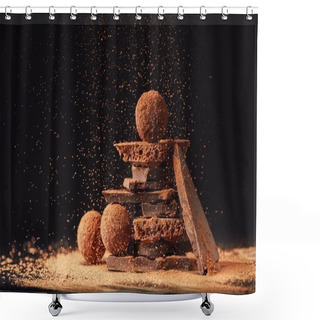 Personality  Close Up View Of Arrangement Of Truffles And Chocolate Bars With Cocoa Powder On Black Shower Curtains