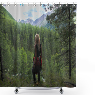 Personality  Back View Of Woman Looking At Mountains, Altai, Russia Shower Curtains