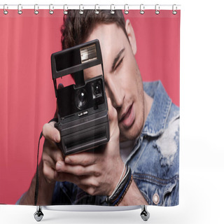 Personality  Casual Man Using Vintage Camera Shower Curtains