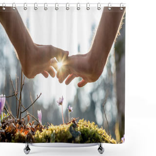 Personality  Hand Covering Flowers At The Garden With Sunlight Shower Curtains