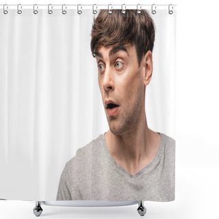 Personality  Shocked Young Man Looking Away Isolated On White With Copy Space Shower Curtains